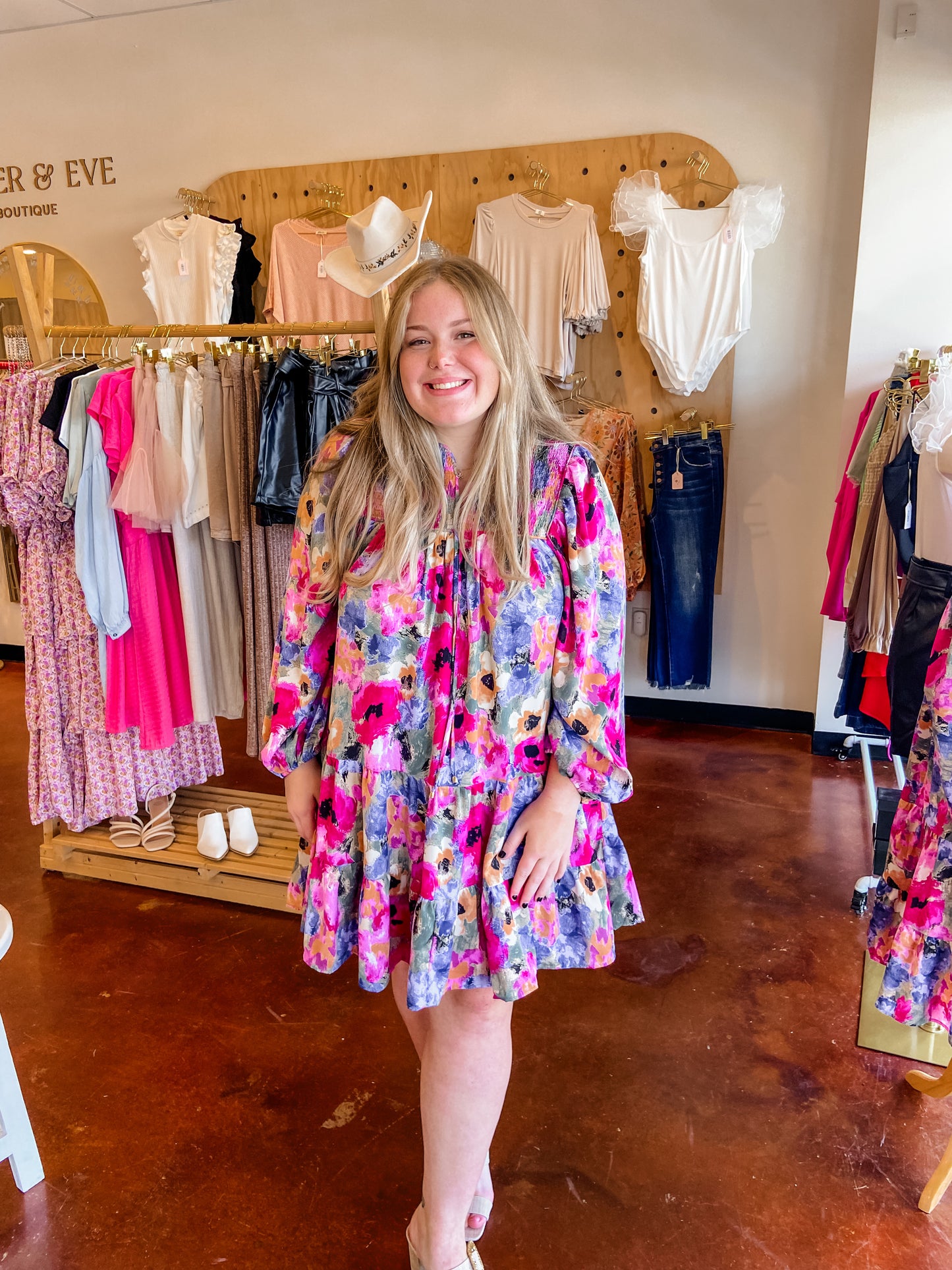 Floral print long sleeve tiered midi dress