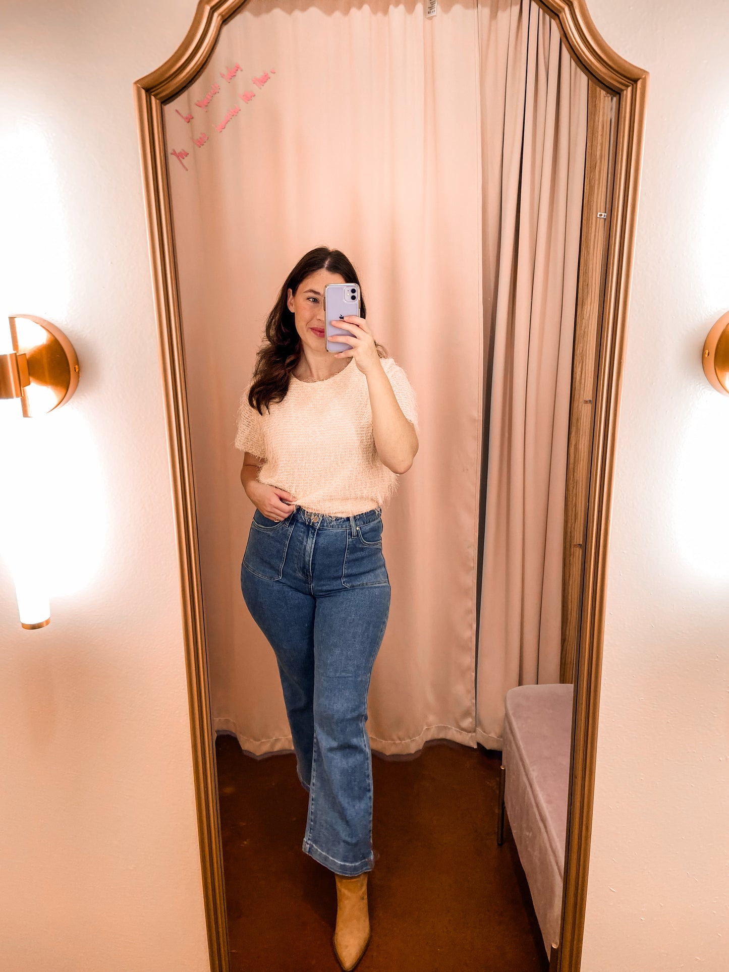 HIGH RISE FRONT PATCH POCKET ANKLE FLARE JEANS