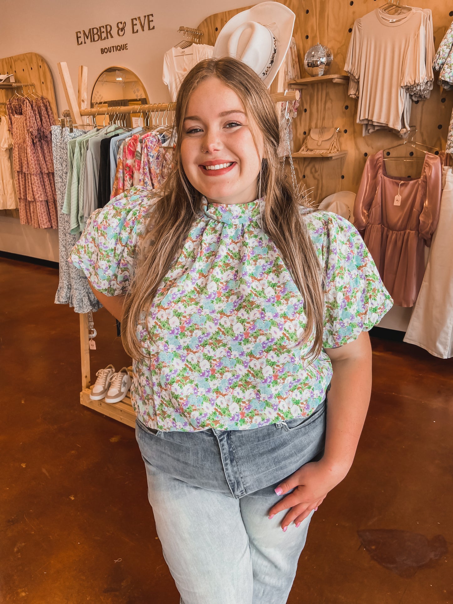 Floral Print Bubble Sleeve Top