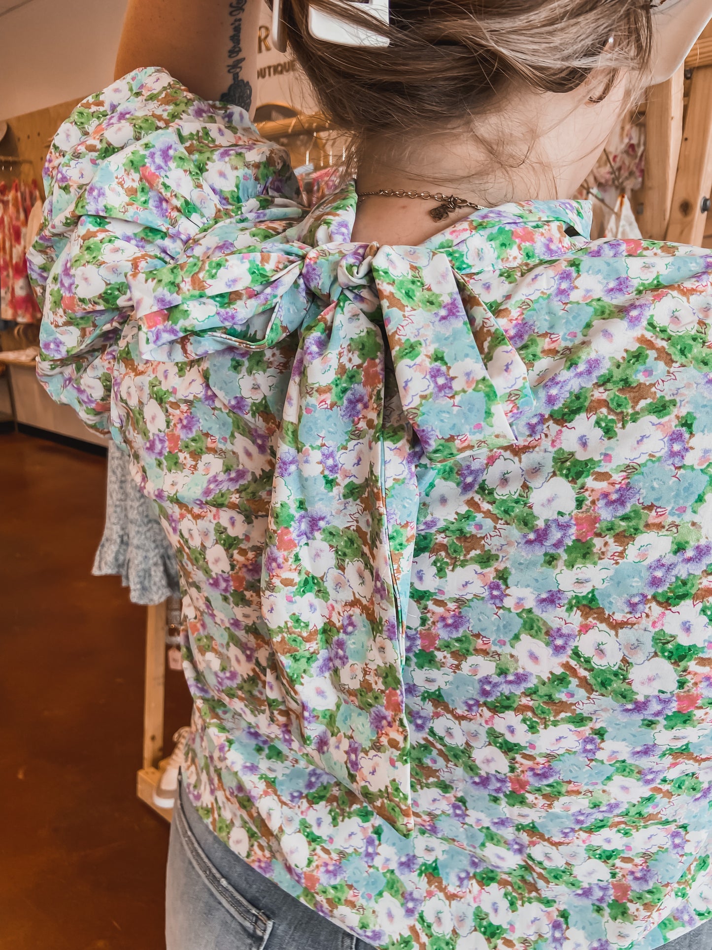Floral Print Bubble Sleeve Top
