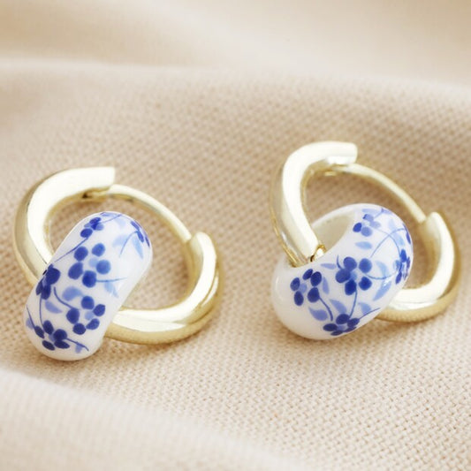 Blue Willow Bead Hoop Earrings