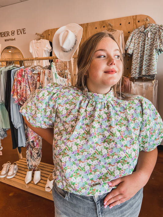 Floral Print Bubble Sleeve Top